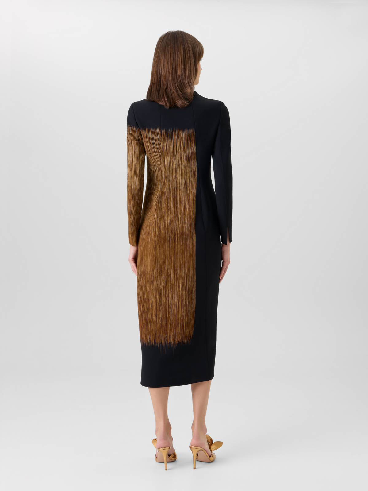 Designer Oro Lienzo Print Midi Sheath Dress in Wool Double-Face - beige - black - multicolor #editorial