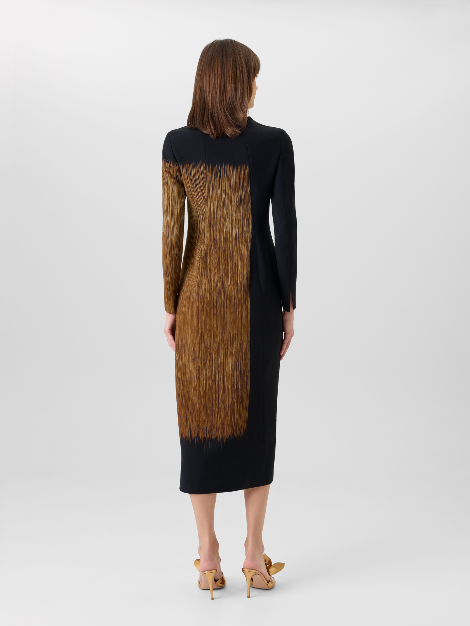 Designer Oro Lienzo Print Midi Sheath Dress in Wool Double-Face - beige - black - multicolor 