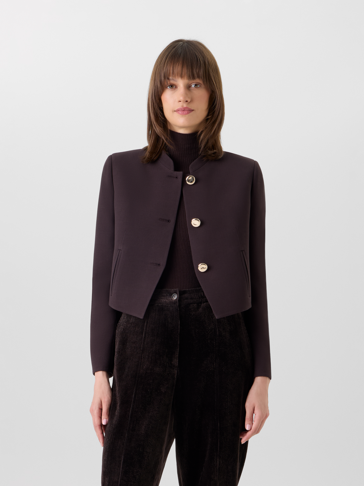 Designer Short Wool Double-Face Jacket with Gold Buttons - brown 