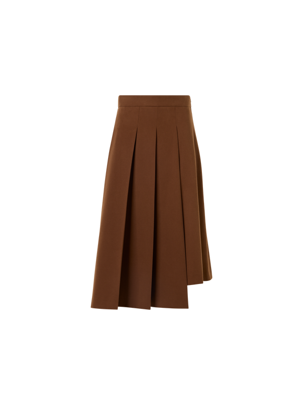 Designer Side Pleated Midi Skirt in Cotton Wool Gabardine - brown