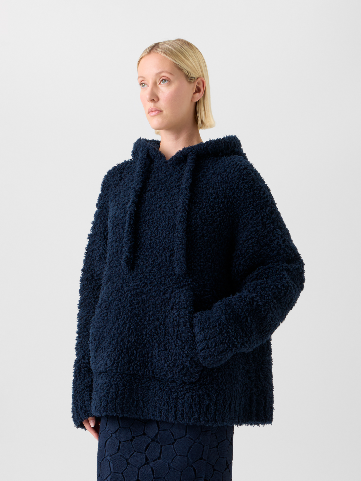 Designer Oversized Wool Plush Knit Hoodie - neutral - navy - blue #editorial