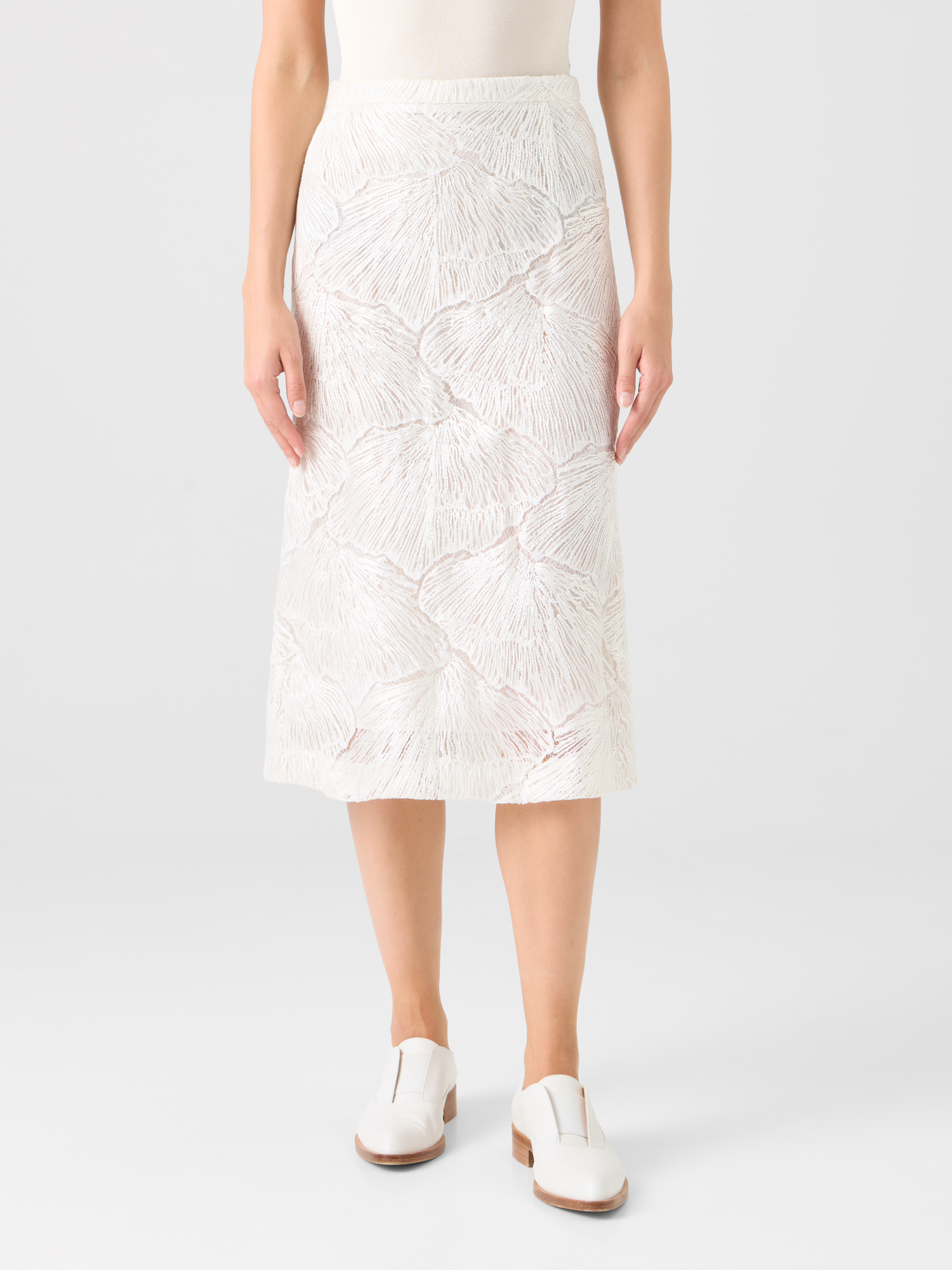 Designer Techno Lacquered Sea Fan Lace A-Line Skirt - ecru 