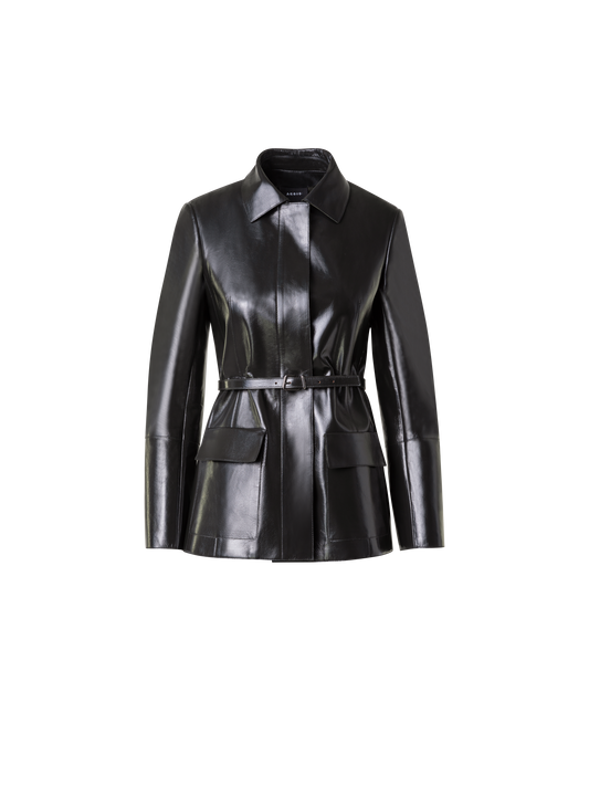 Designer Fitted Lacquer Leather Jacket with Belt - green