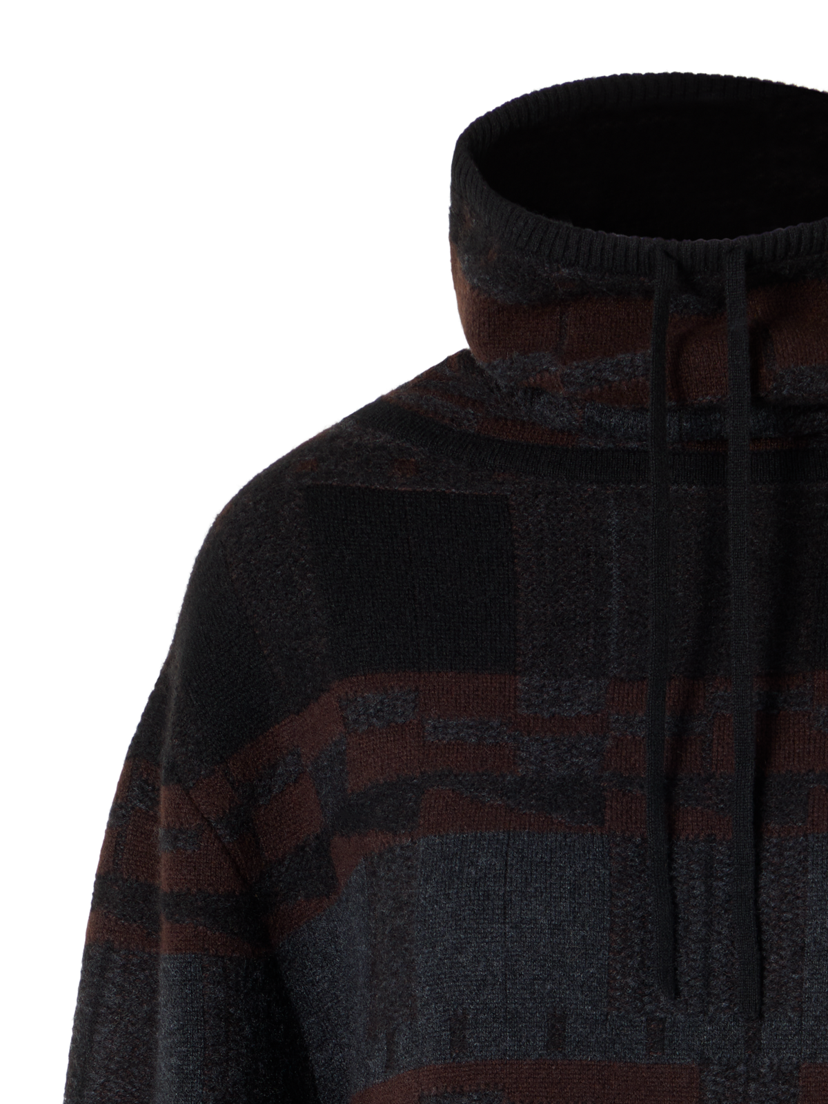 Designer Oversized Cashmere Jacquard Sweater with Drawstring Collar - brown - black