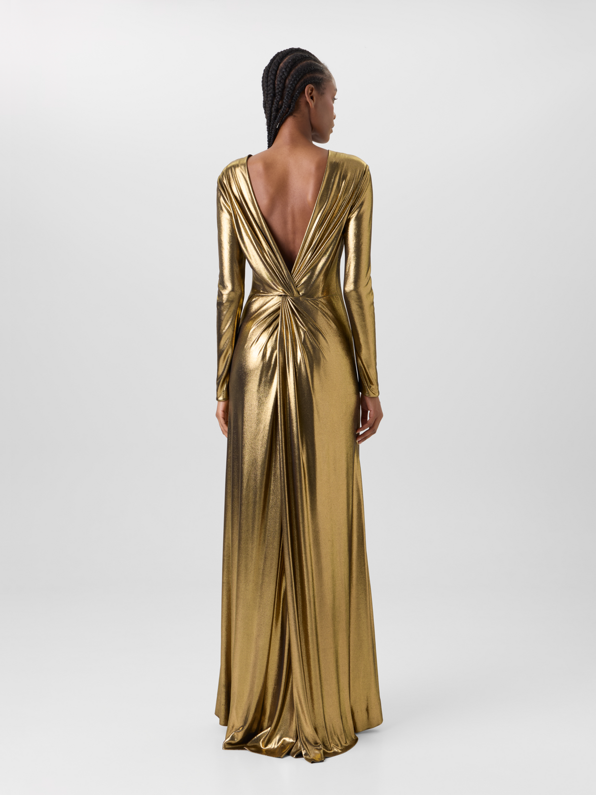 Designer Lamé Jersey Gown with Open Back and Knot Detail - gold 