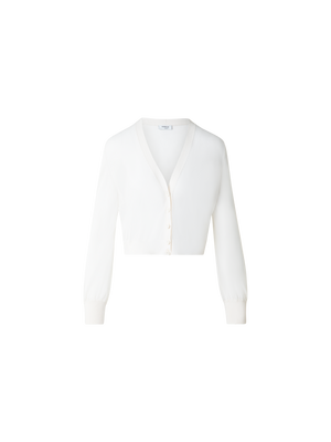 Designer Sheer Cropped Knit Cardigan with Volume Sleeves - ecru - white