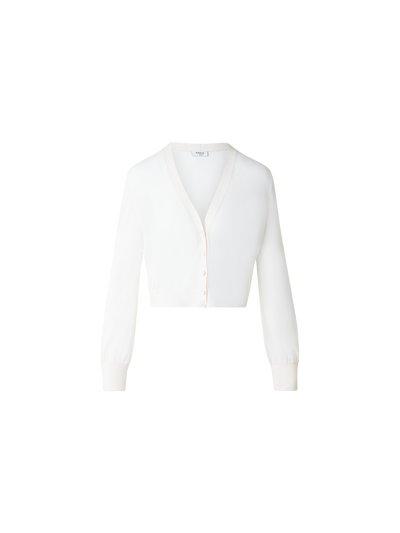 Designer Sheer Cropped Knit Cardigan with Volume Sleeves - ecru - white