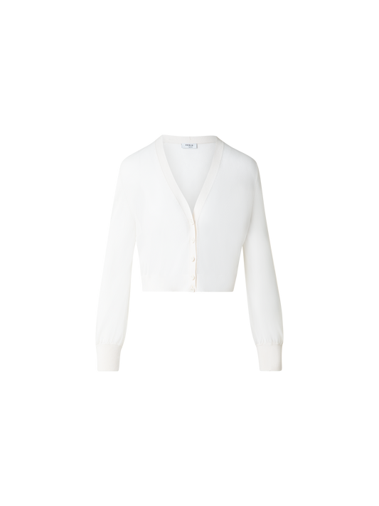Designer Sheer Cropped Knit Cardigan with Volume Sleeves - ecru - white