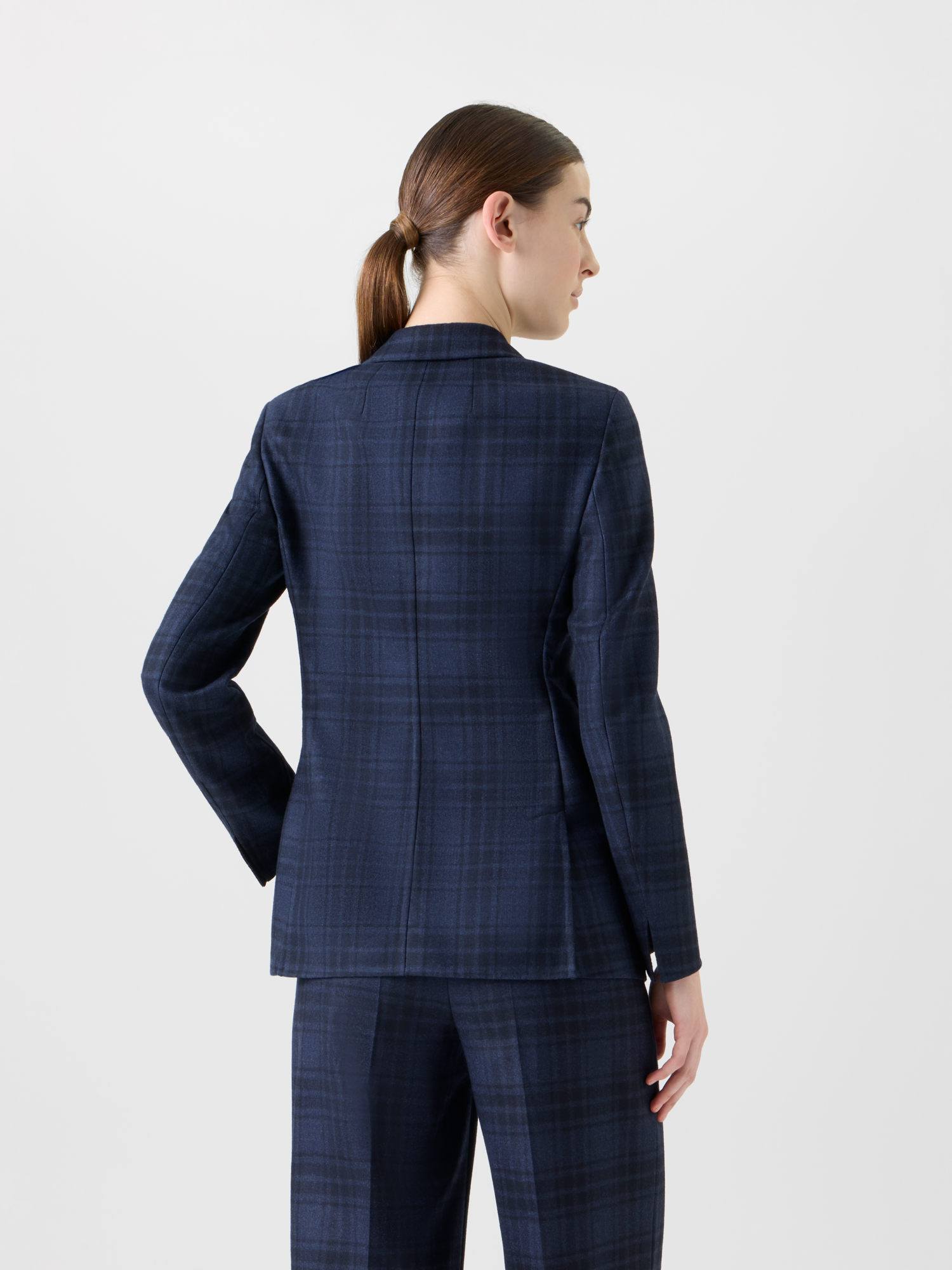 Designer Long Double-Face Plaid Blazer Jacket - neutral - navy - blue 