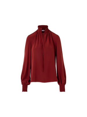 Designer Boho Silk Crêpe Blouse with Smocked Details - wine - red