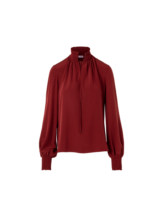 Designer Boho Silk Crêpe Blouse with Smocked Details - wine - red