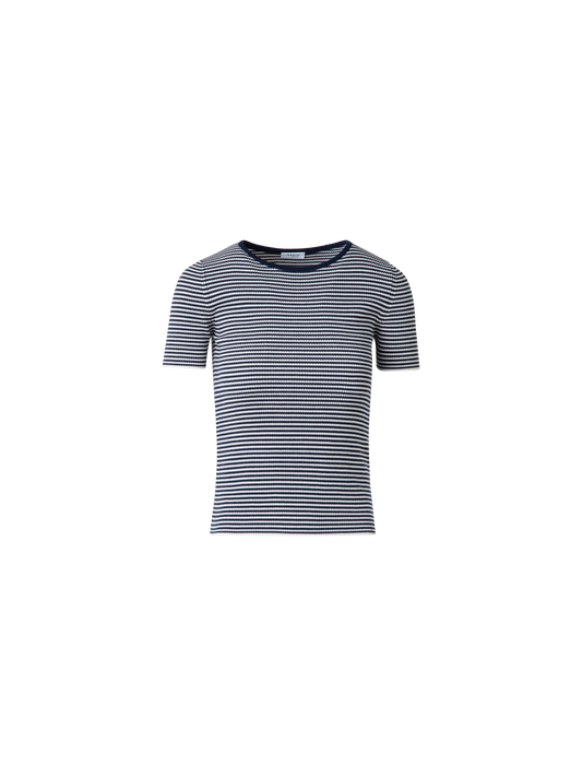 Designer Short Sleeve Sweater in Striped Virgin Wool  - navy - blue - multicolor