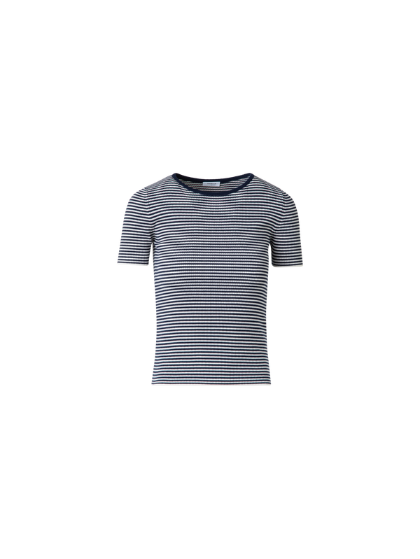 Designer Short Sleeve Sweater in Striped Virgin Wool  - navy - blue - multicolor