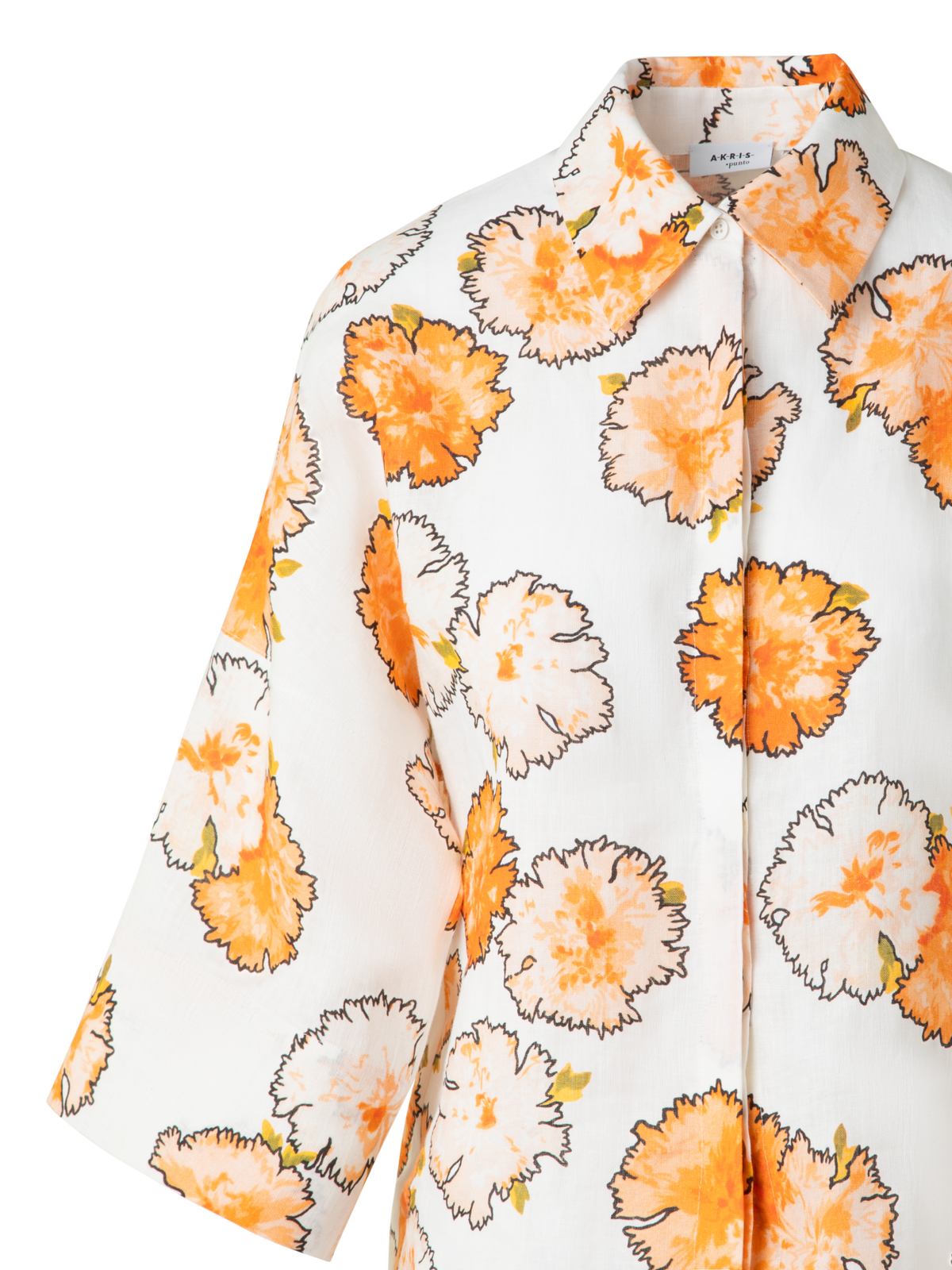 Designer Cropped Linen Kimono Blouse in Carnation Print - multicolor - ecru - orange - white