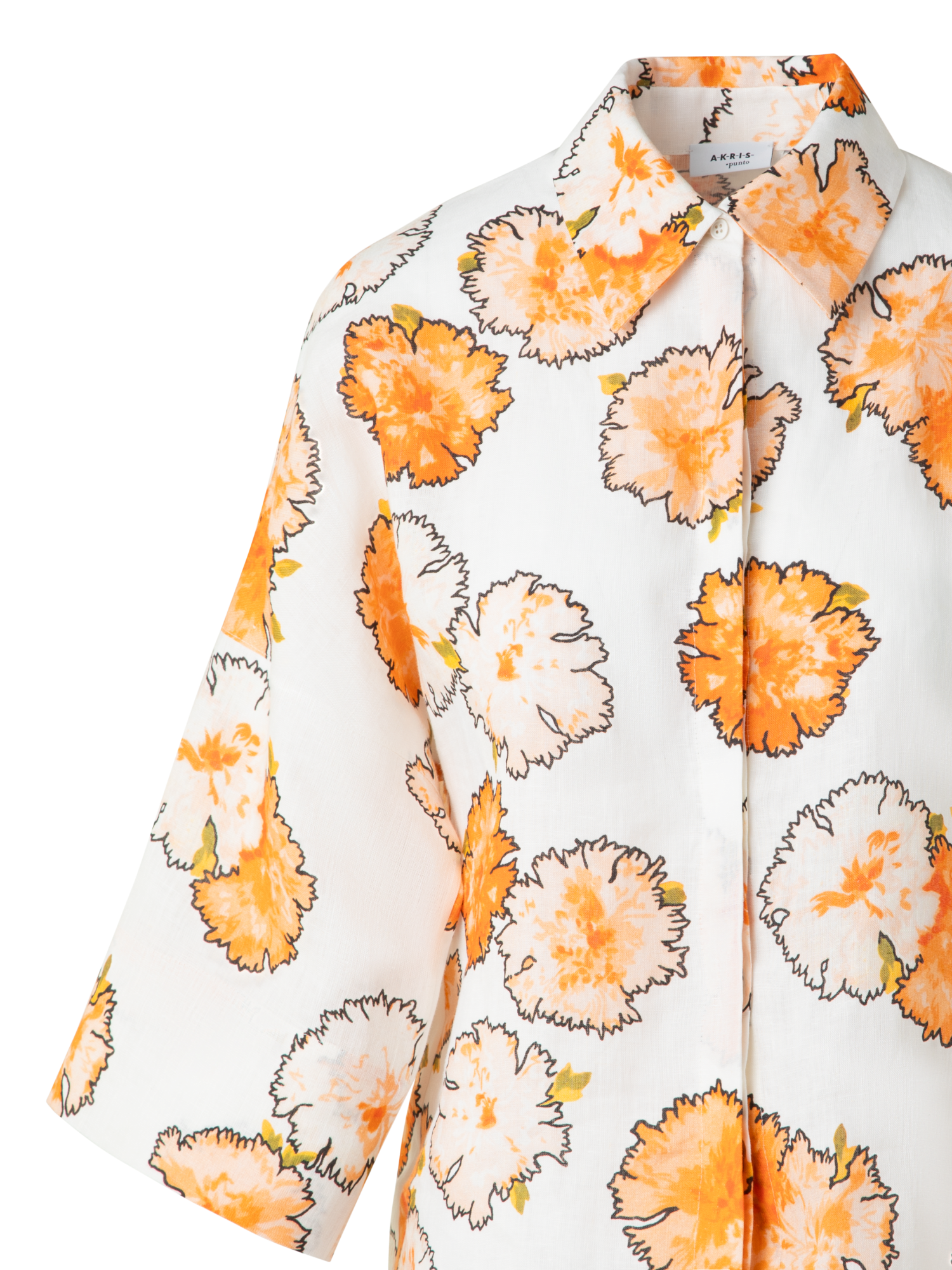 Designer Cropped Linen Kimono Blouse in Carnation Print - multicolor - ecru - orange - white