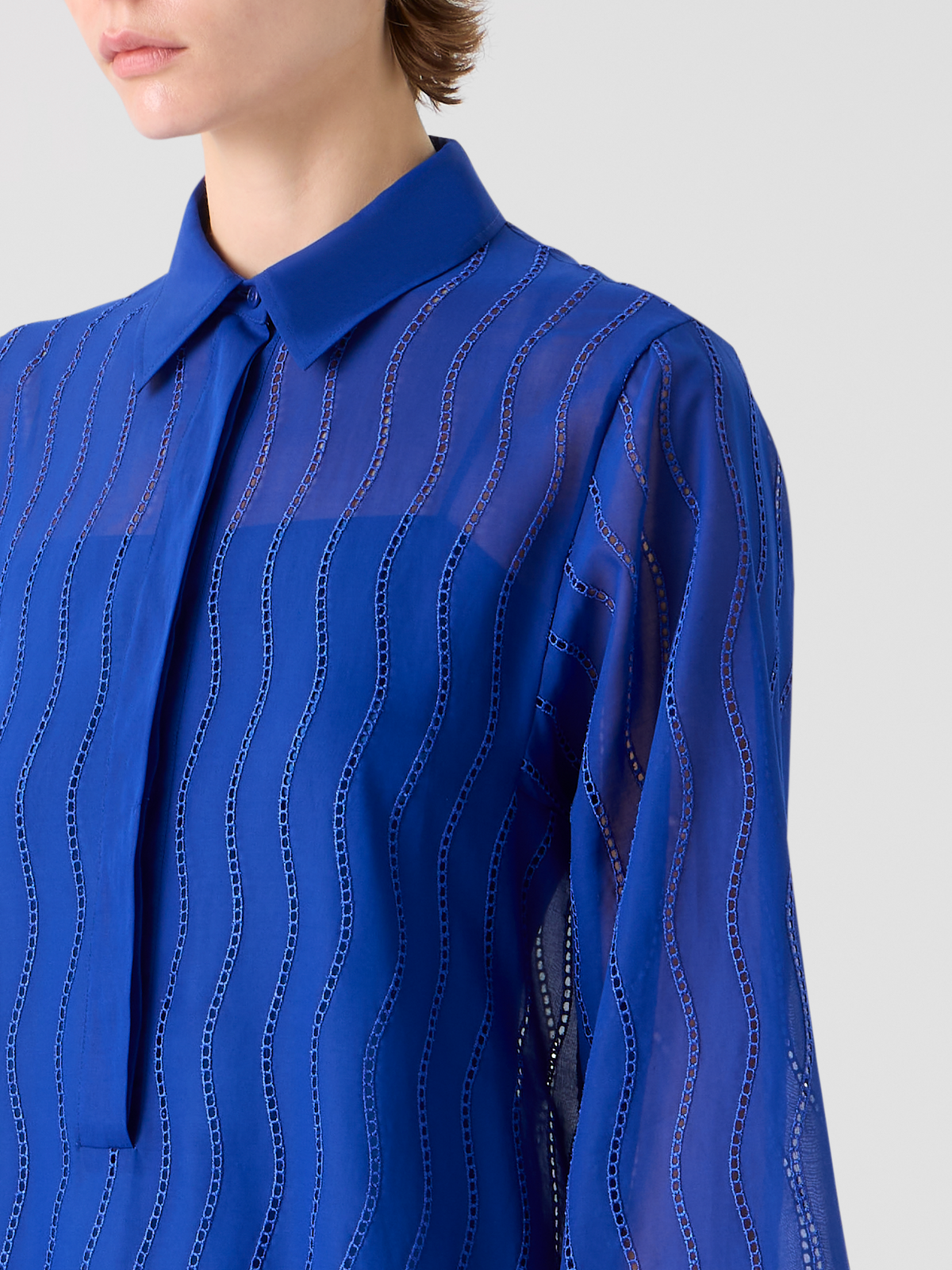 Designer Midi Shirt Dress with Wave Embroidery - blue