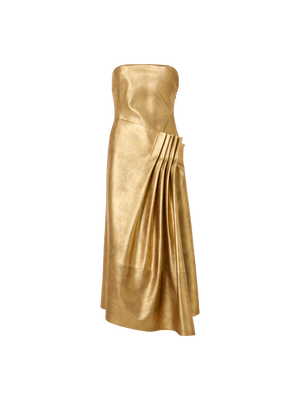 Designer Lamé Leather Bustier Gown with Front Draping - gold