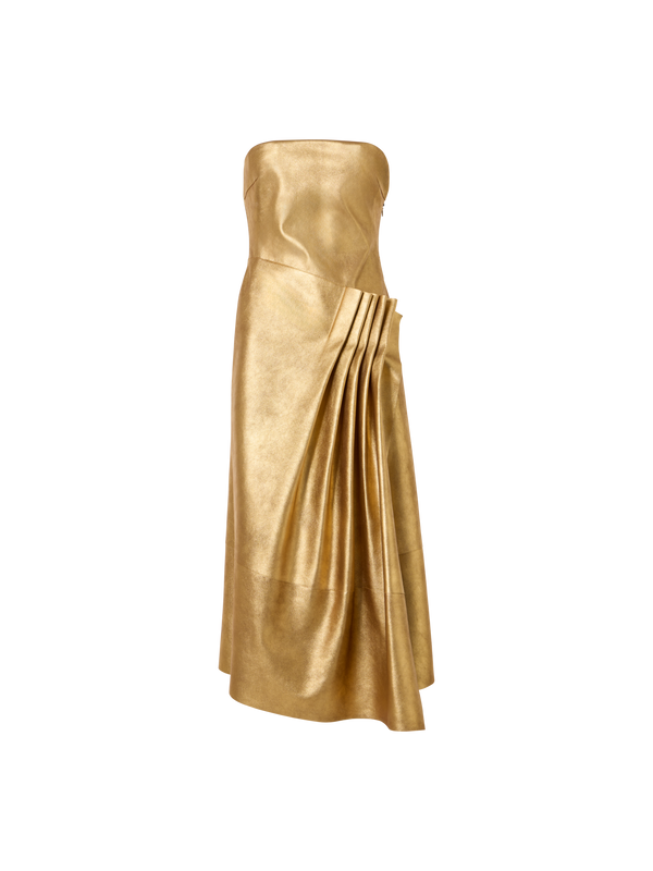 Designer Lamé Leather Bustier Gown with Front Draping - gold