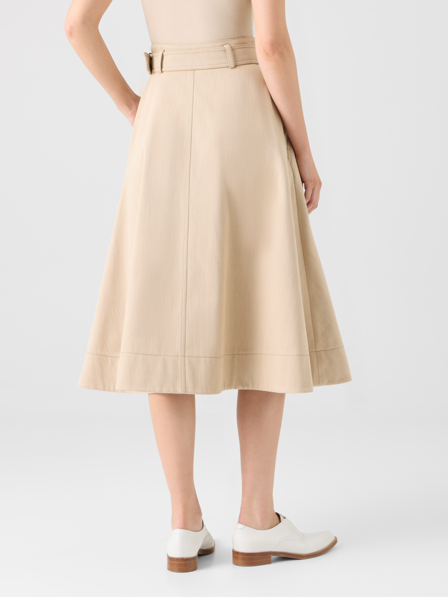 Designer Flared A-Line Midi Skirt in Cotton Denim - beige 