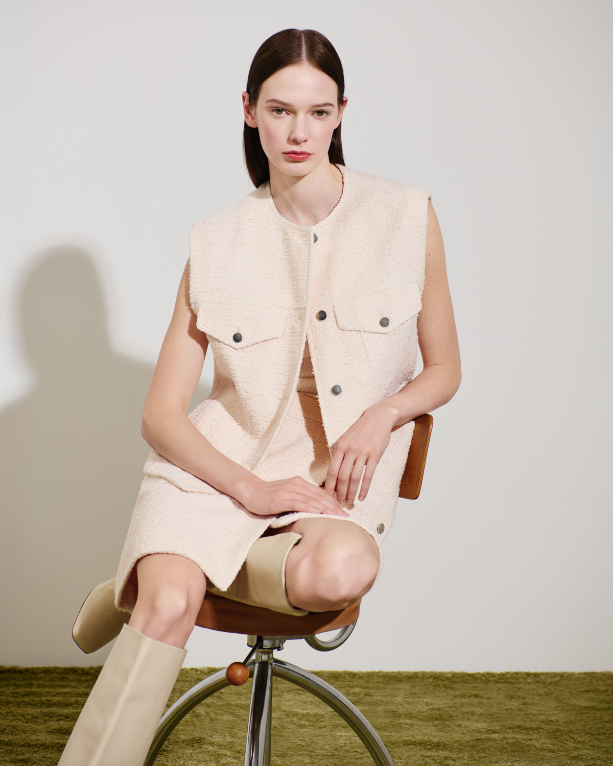 Designer Oversized Cotton Tweed Gilet - neutral - pastel - ecru - pink - white #editorial