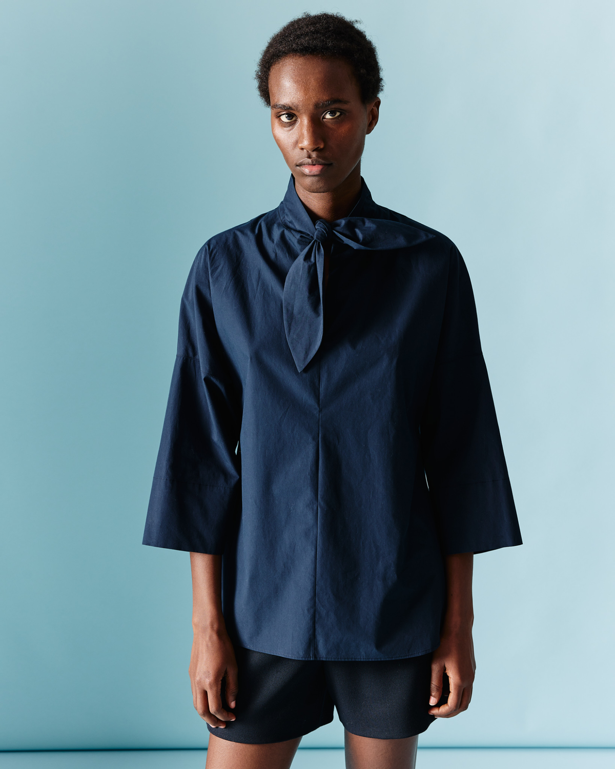 Designer Tunic Blouse in Cotton with Collar Knot - navy - blue #editorial