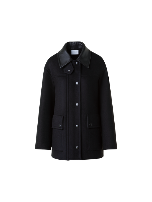 Designer Felted Wool Jacket with Faux Leather Collar - black - neutral