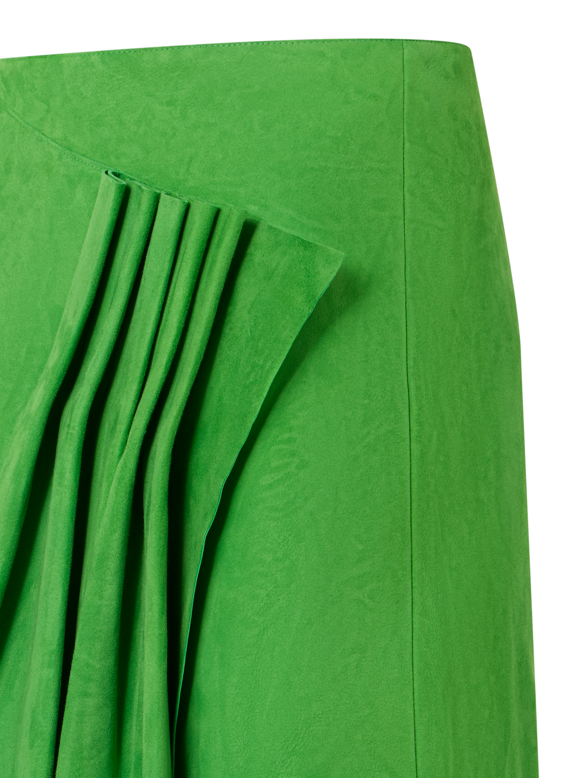 Designer Asymmetrical Skirt with Front Gathering in Suede - green