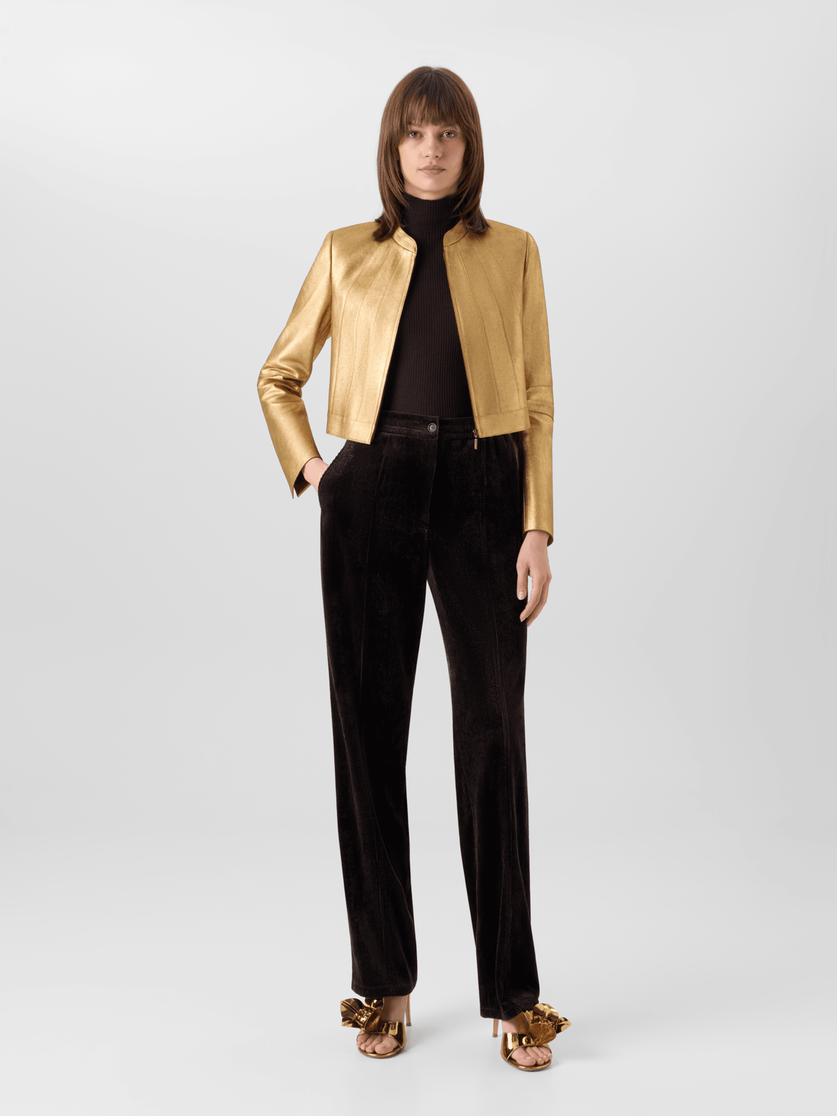 Designer Short Fitted Lamé Calf Nappa Leather Jacket - gold #editorial