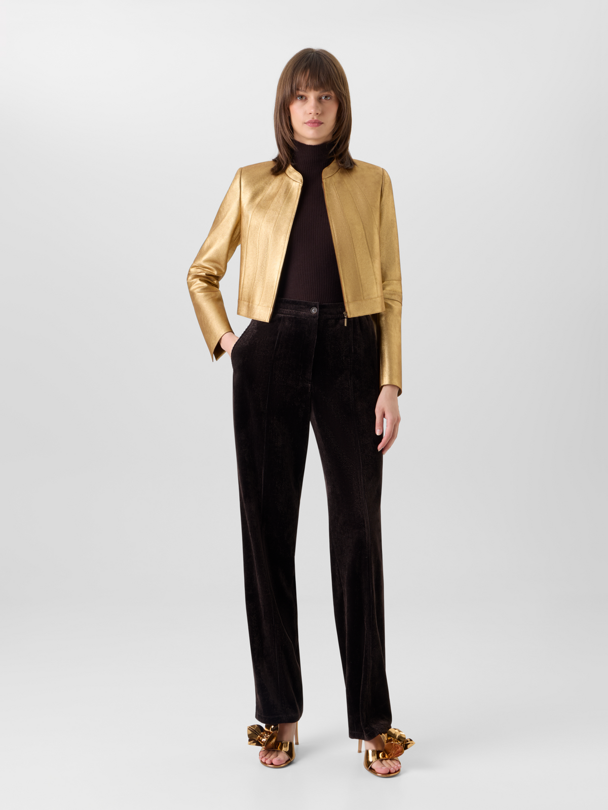 Designer Short Fitted Lamé Calf Nappa Leather Jacket - gold 