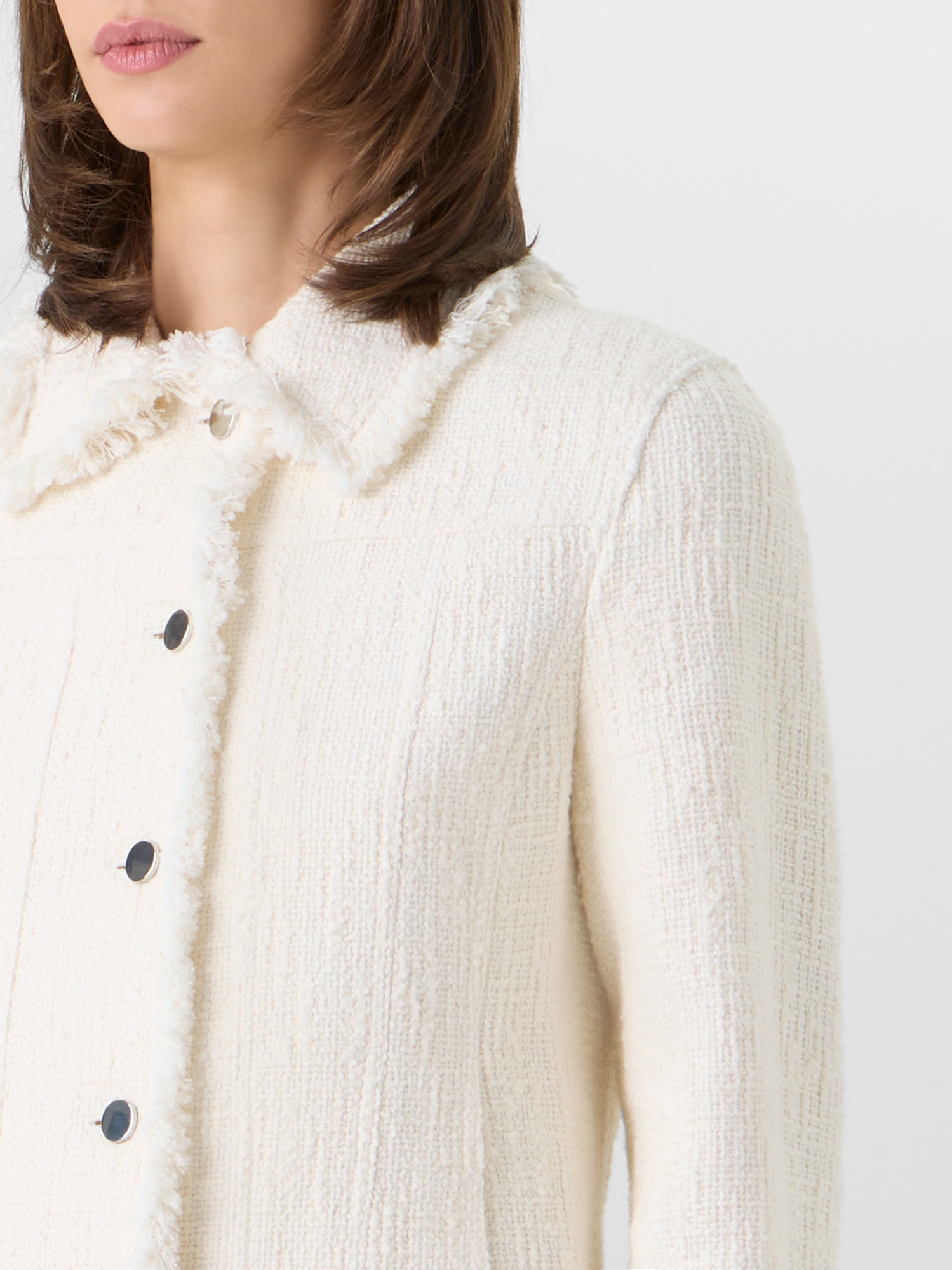 Designer Long-Sleeve Cotton-Blend Tweed Short Jacket - ecru 
