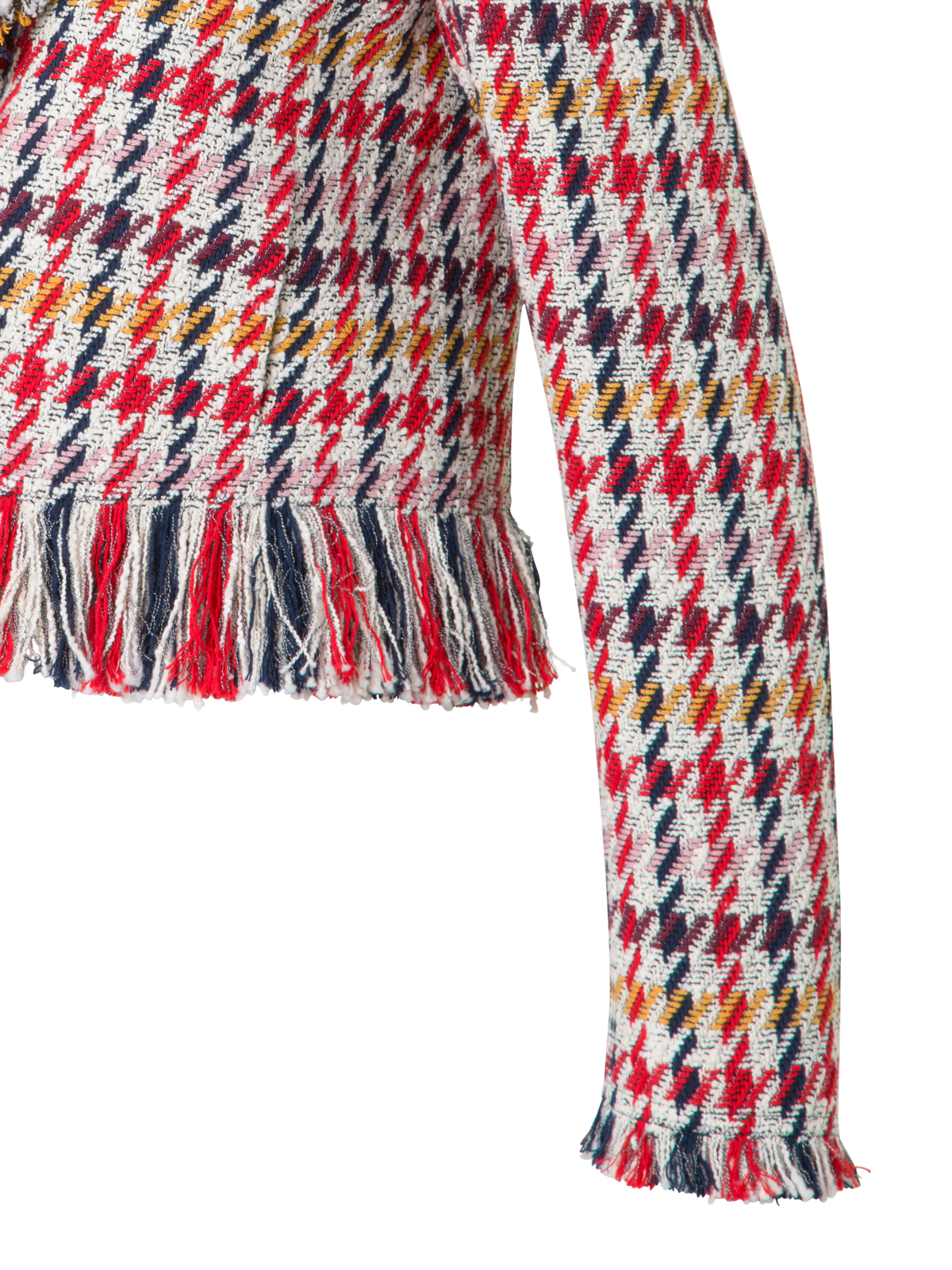 Designer Short Tweed Jacket with Fringes - multicolor - red