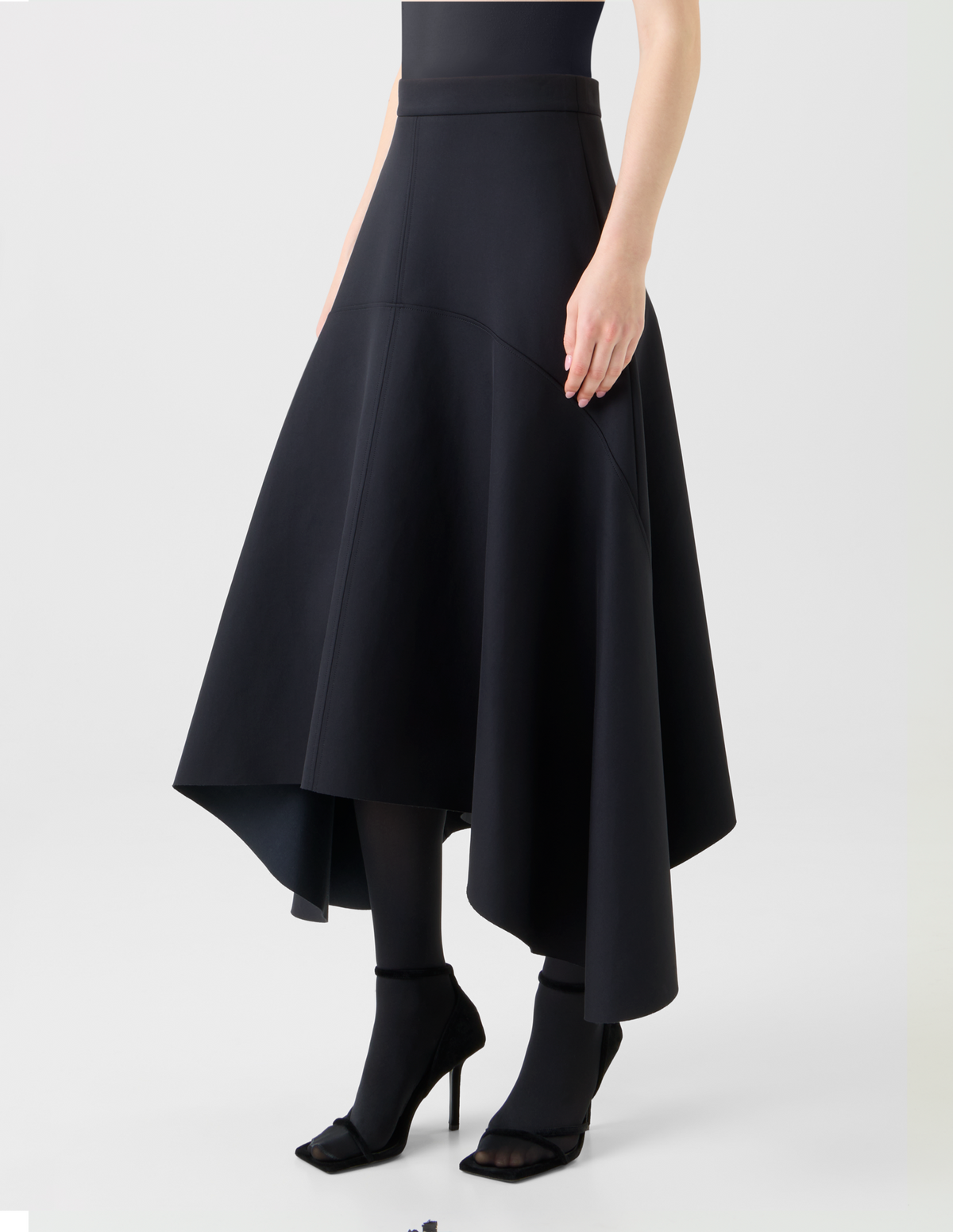 Designer Asymmetrical A-Line Neoprene Handkerchief Skirt - black - neutral #editorial