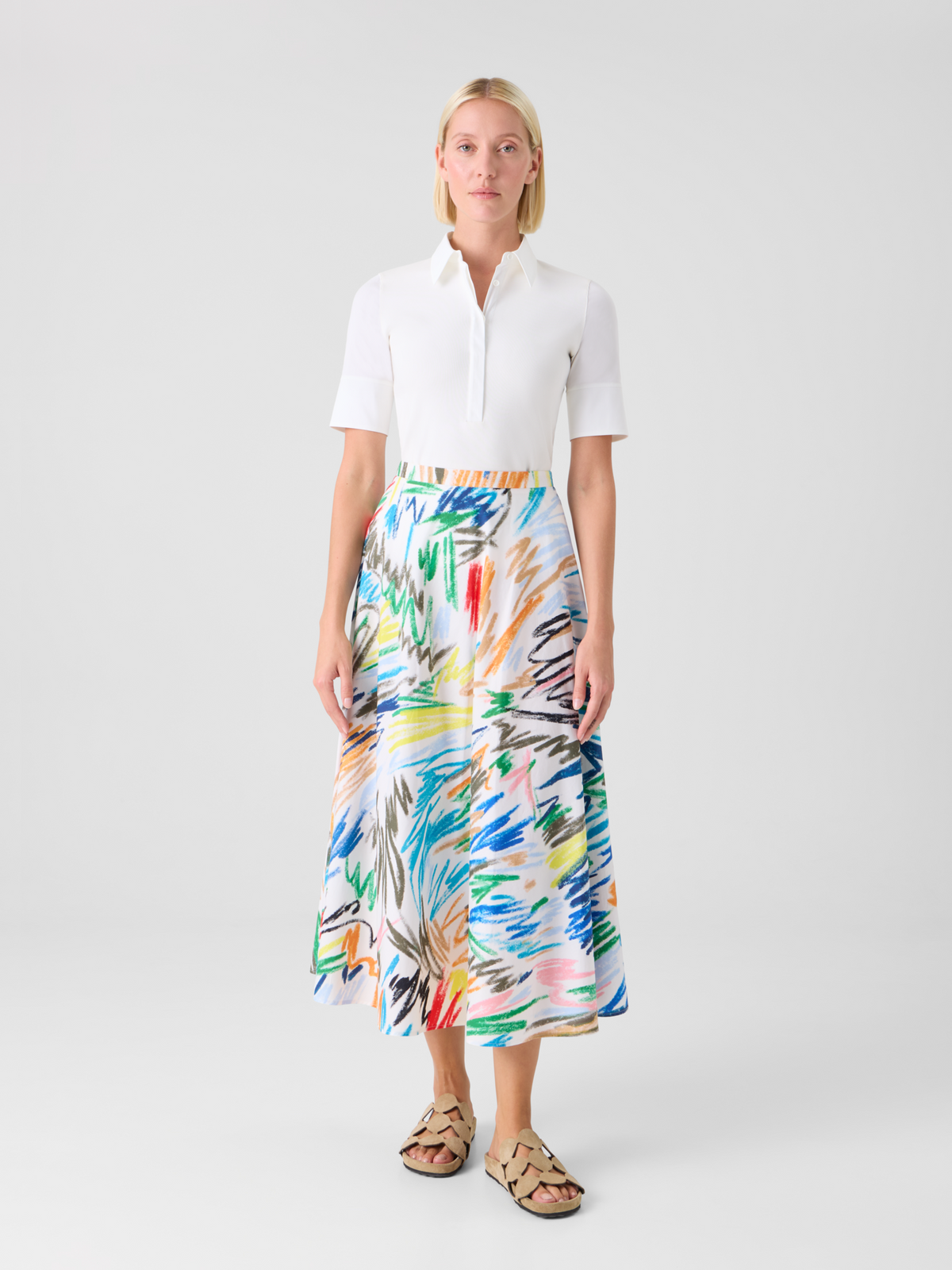 Designer Scribble Print Cotton Midi Skirt - multicolor - ecru #editorial