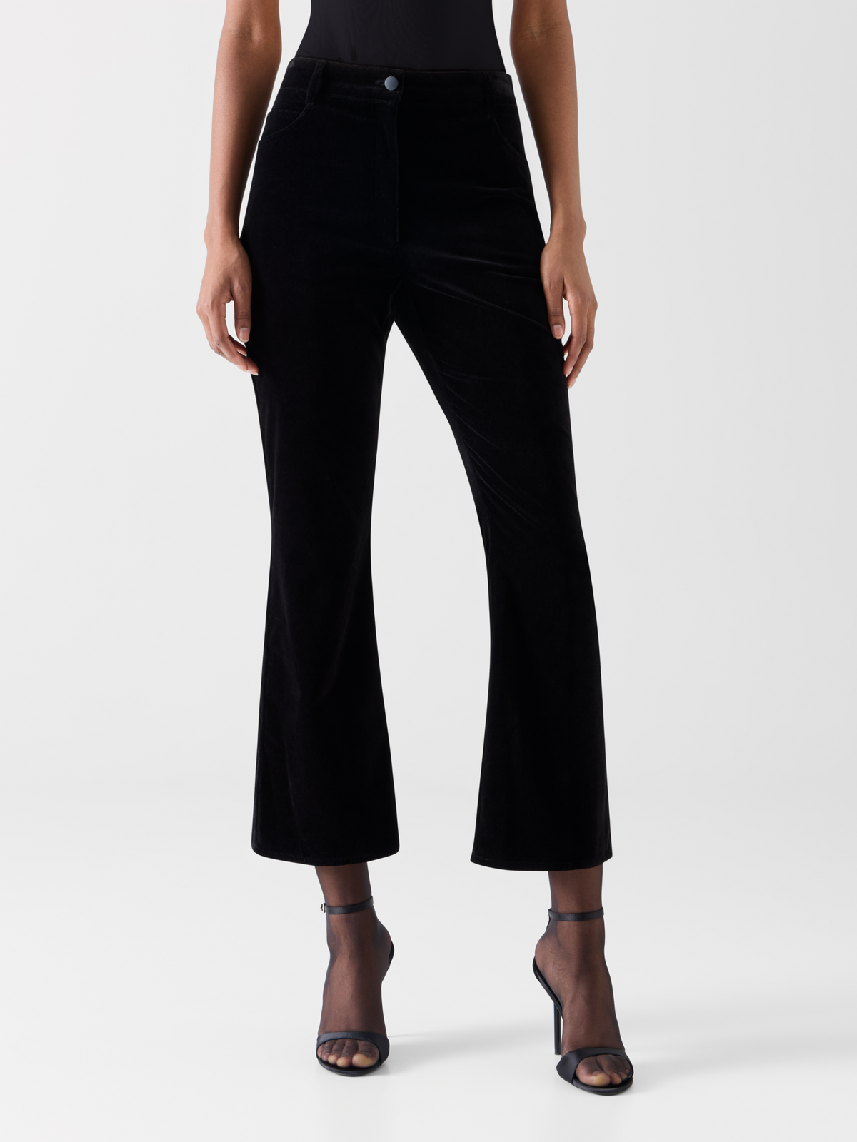 Designer Cropped Bootcut Cotton Stretch Velvet Pants - black 