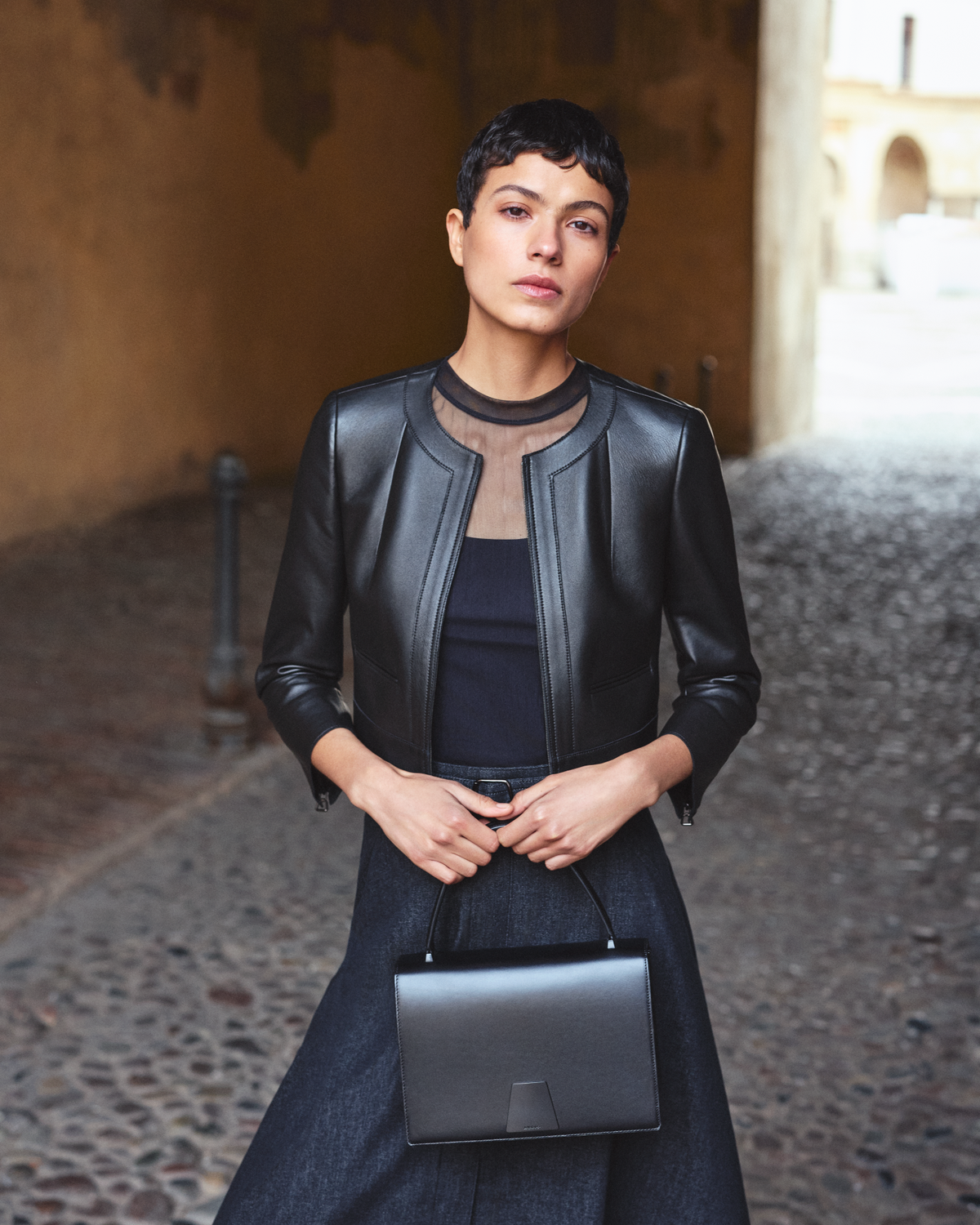 Designer Cropped Leather Jacket with Crew Neck - black - neutral #editorial