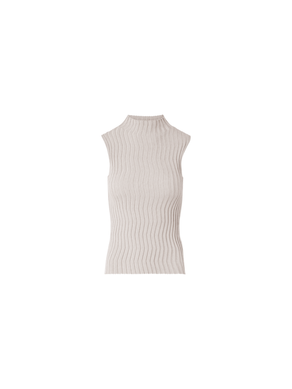 Designer Fitted Mockneck Silk Knit Top - beige