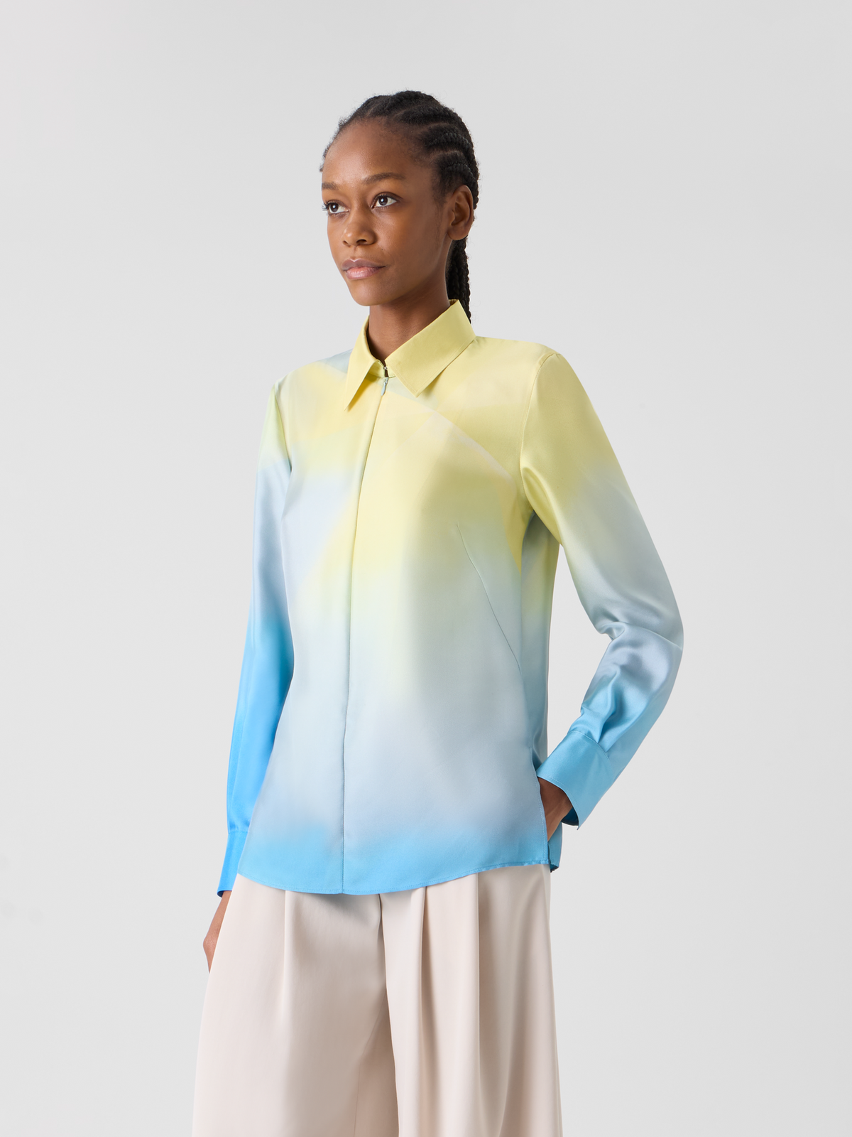Designer Silk Twill Tunic Blouse with Sunbeam Print - blue - multicolor #editorial