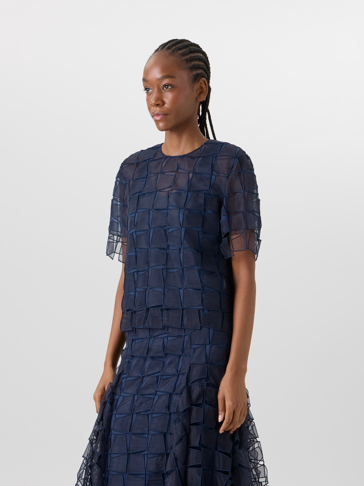 Designer Short-Sleeve Trapezoid Organza Blouse - navy 