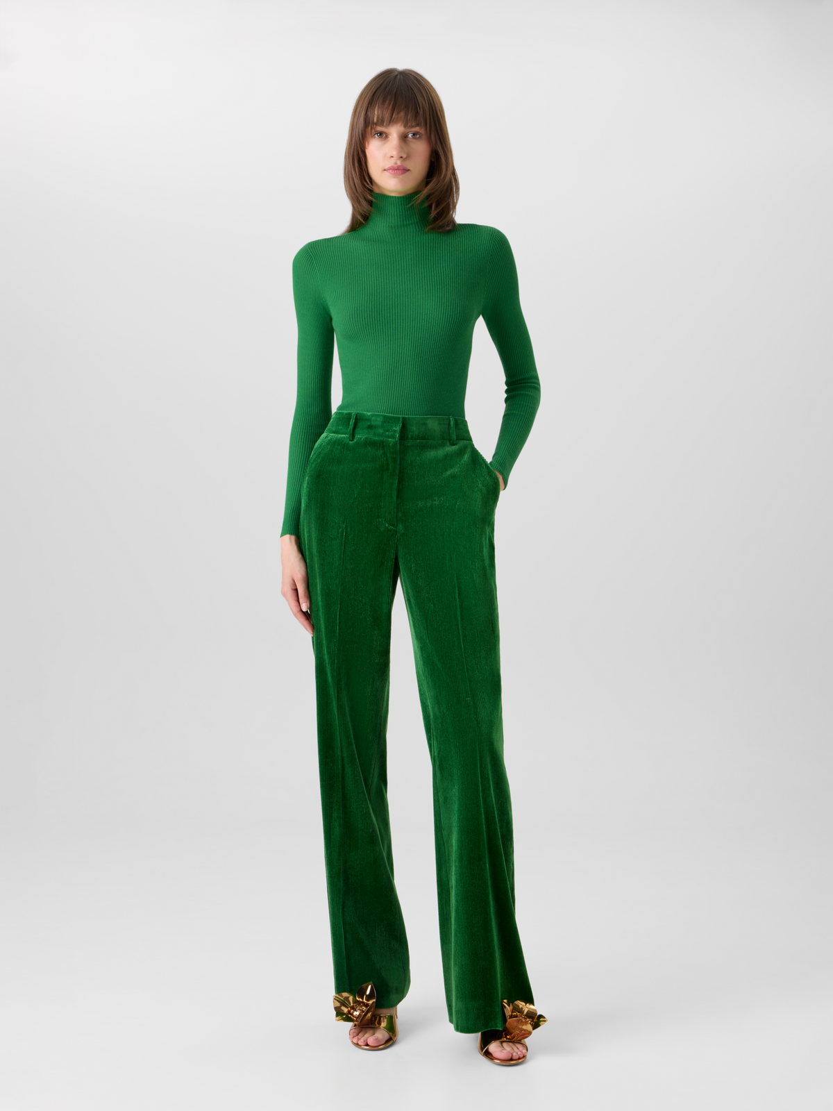 Designer Fine Rib Cashmere Silk Mock Neck Sweater - green 