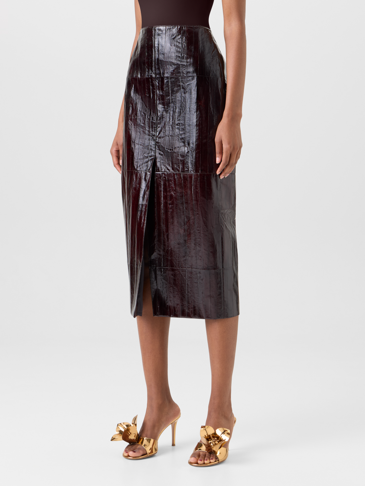 Designer Midi Pencil Skirt in Lacquered Eel Leather - brown #editorial