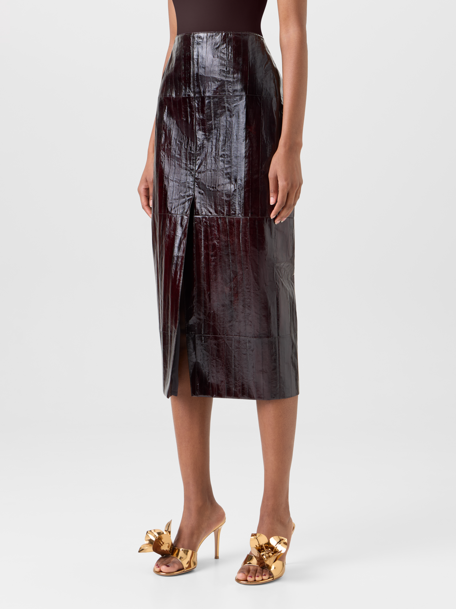 Designer Midi Pencil Skirt in Lacquered Eel Leather - brown 
