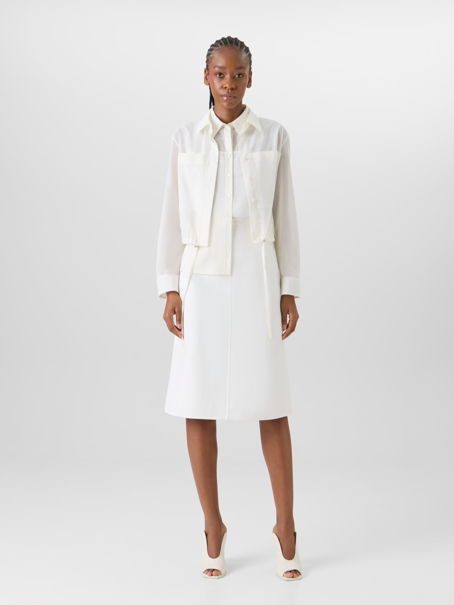Designer Long-Sleeve Cotton Voile Blouson Shirt - ecru 