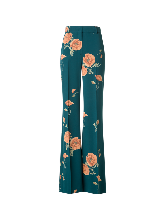 Designer Wide Silk Pants with Anemone Print - green