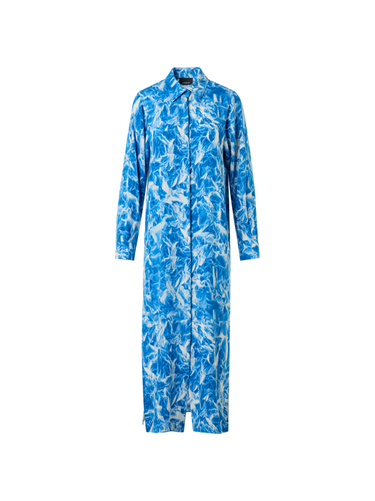 Designer Whitecaps Print Silk Crêpe Midi Tunic Dress - blue - ecru