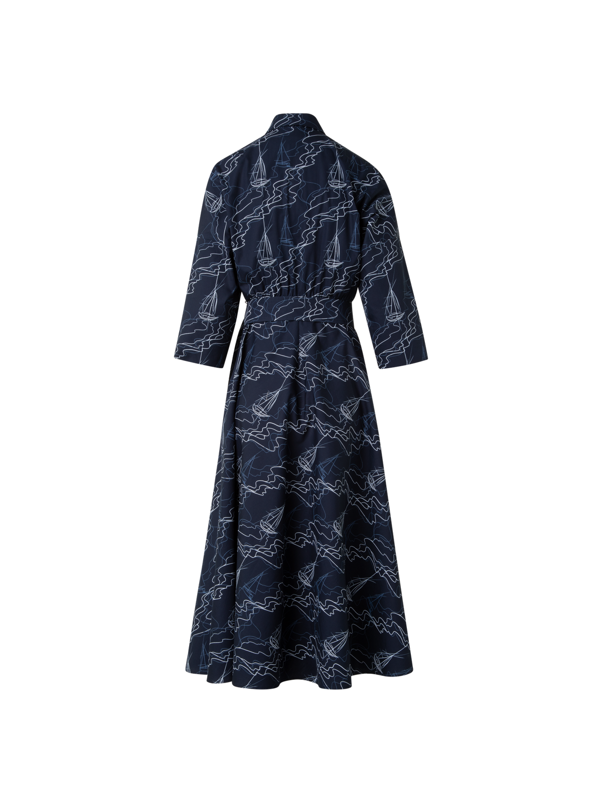 Designer Midi Shirt Dress in Cotton with Sailboat Print - navy - blue - multicolor
