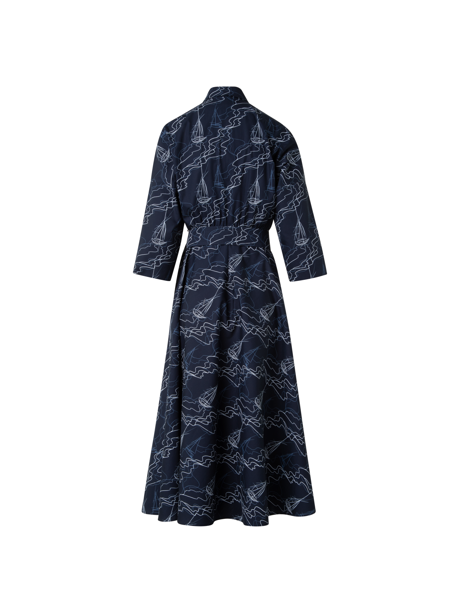 Designer Midi Shirt Dress in Cotton with Sailboat Print - navy - blue - multicolor