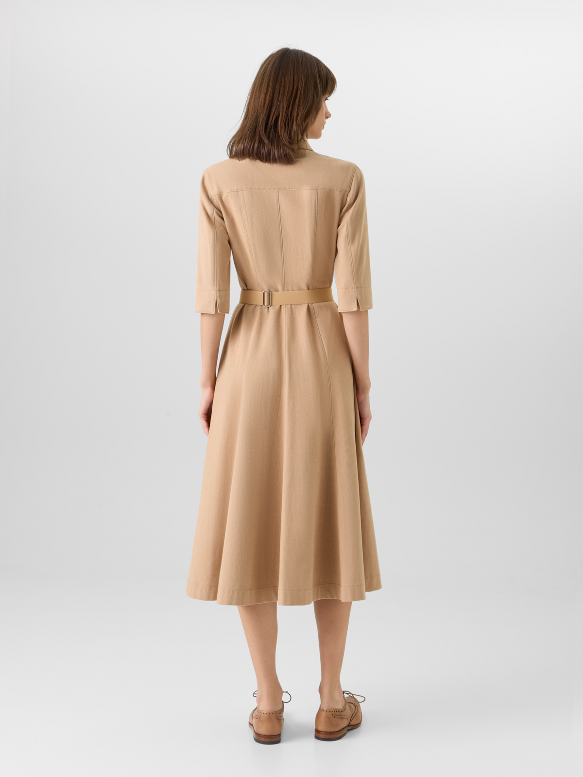 Designer A-Line Cotton-Denim Stretch Midi Dress - beige #editorial