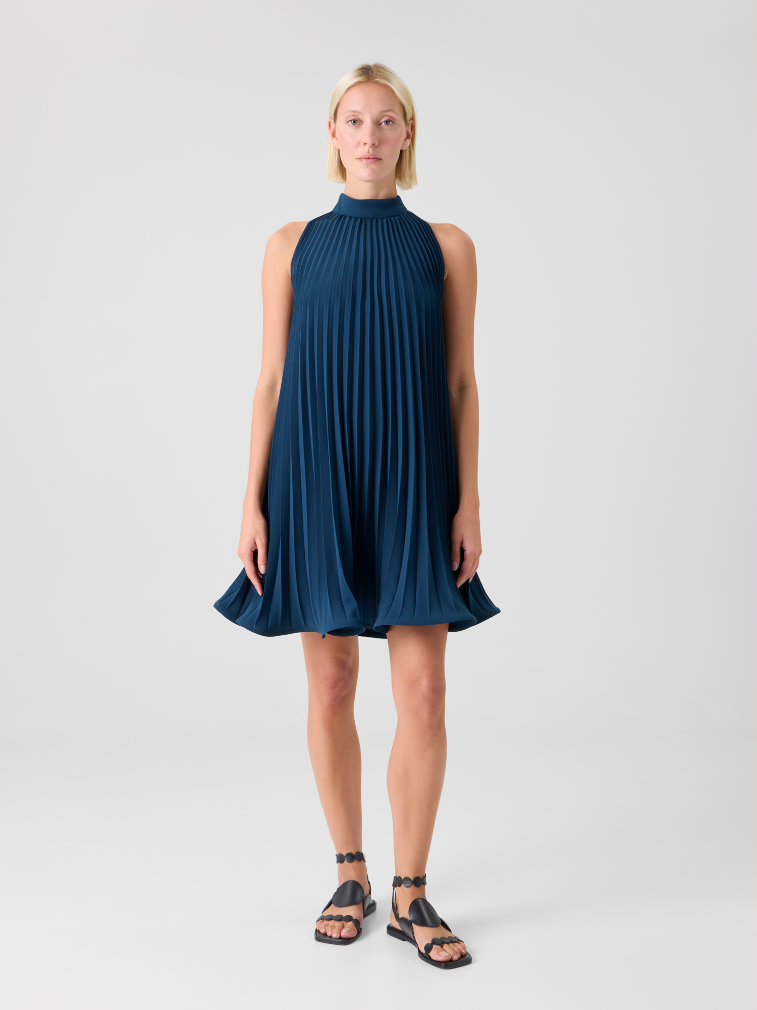 Designer A-Line Plissé Halter Mini Dress - navy