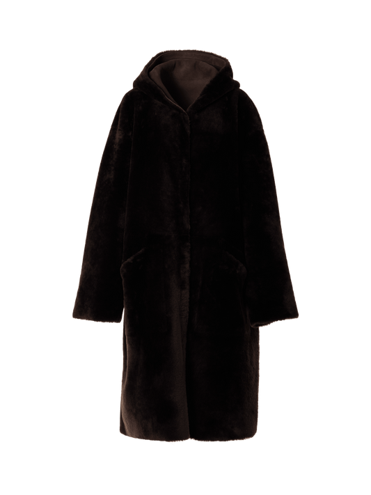 Designer Reversible Oversize Hooded Shearling Coat - brown