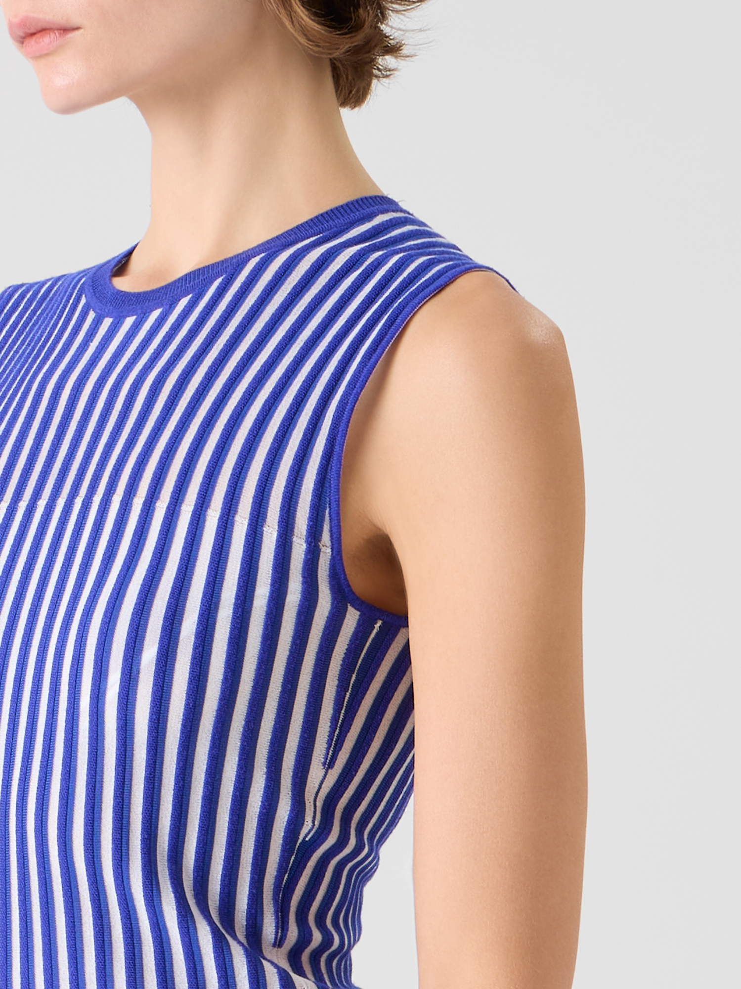 Designer Two Tone Rib Knit Dress with Sheer Shoulders - blue